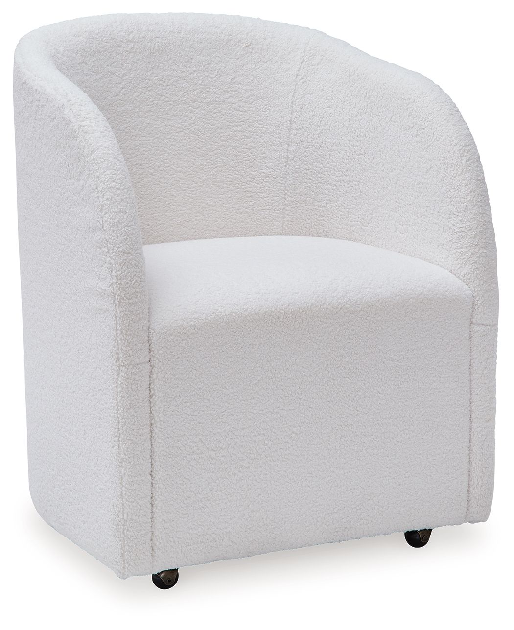 Ivory upholstered dining arm chair angled view with curved back and black feet