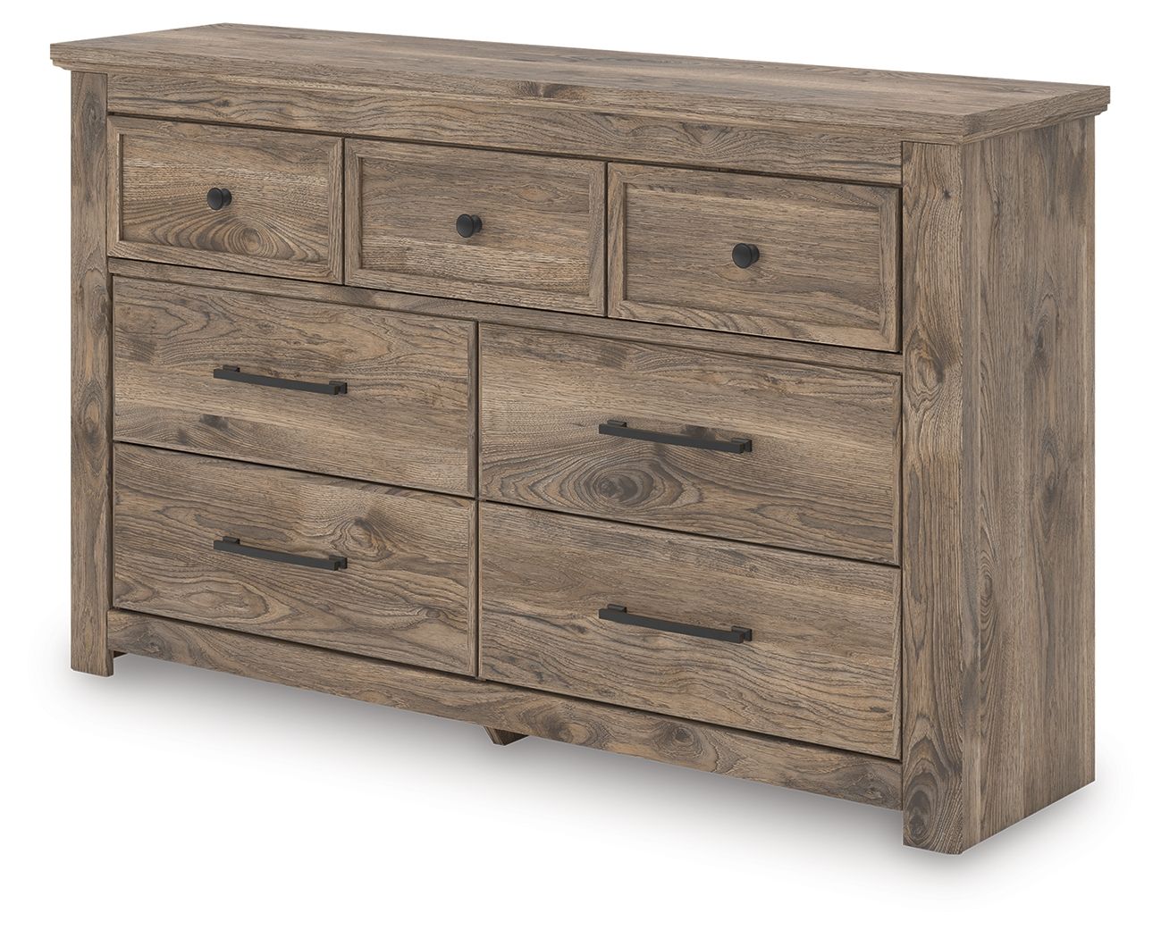 Light brown dresser with seven drawers and long bar pulls