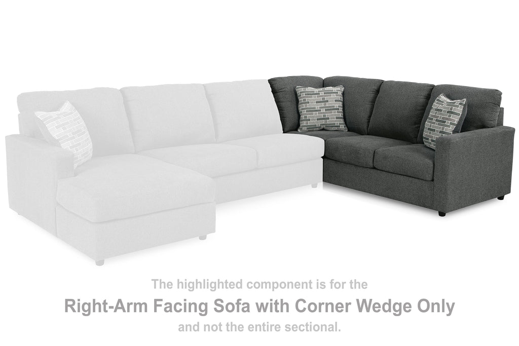 Two-tone sectional sofa with corner wedge, right-arm facing, white and dark gray cushions
