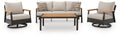Outdoor patio furniture set: dark brown frame with beige cushions, sofa and two chairs