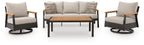 Outdoor patio furniture set: dark brown frame with beige cushions, sofa and two chairs