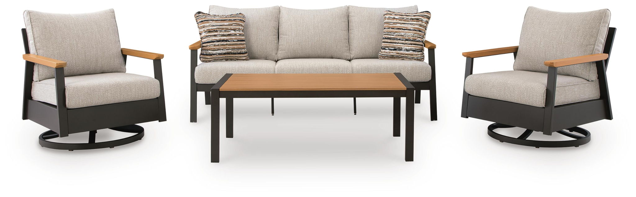 Outdoor patio furniture set: dark brown frame with beige cushions, sofa and two chairs
