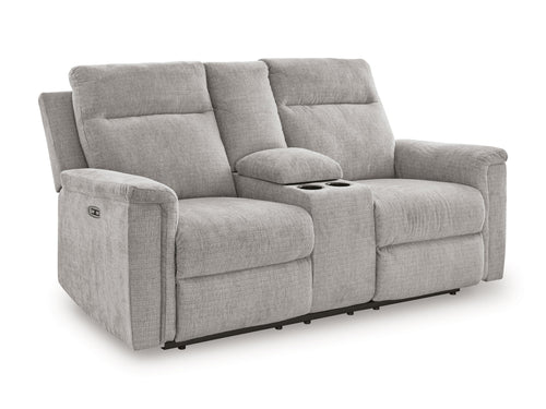 Power reclining loveseat with console, gray fabric upholstery and padded arms