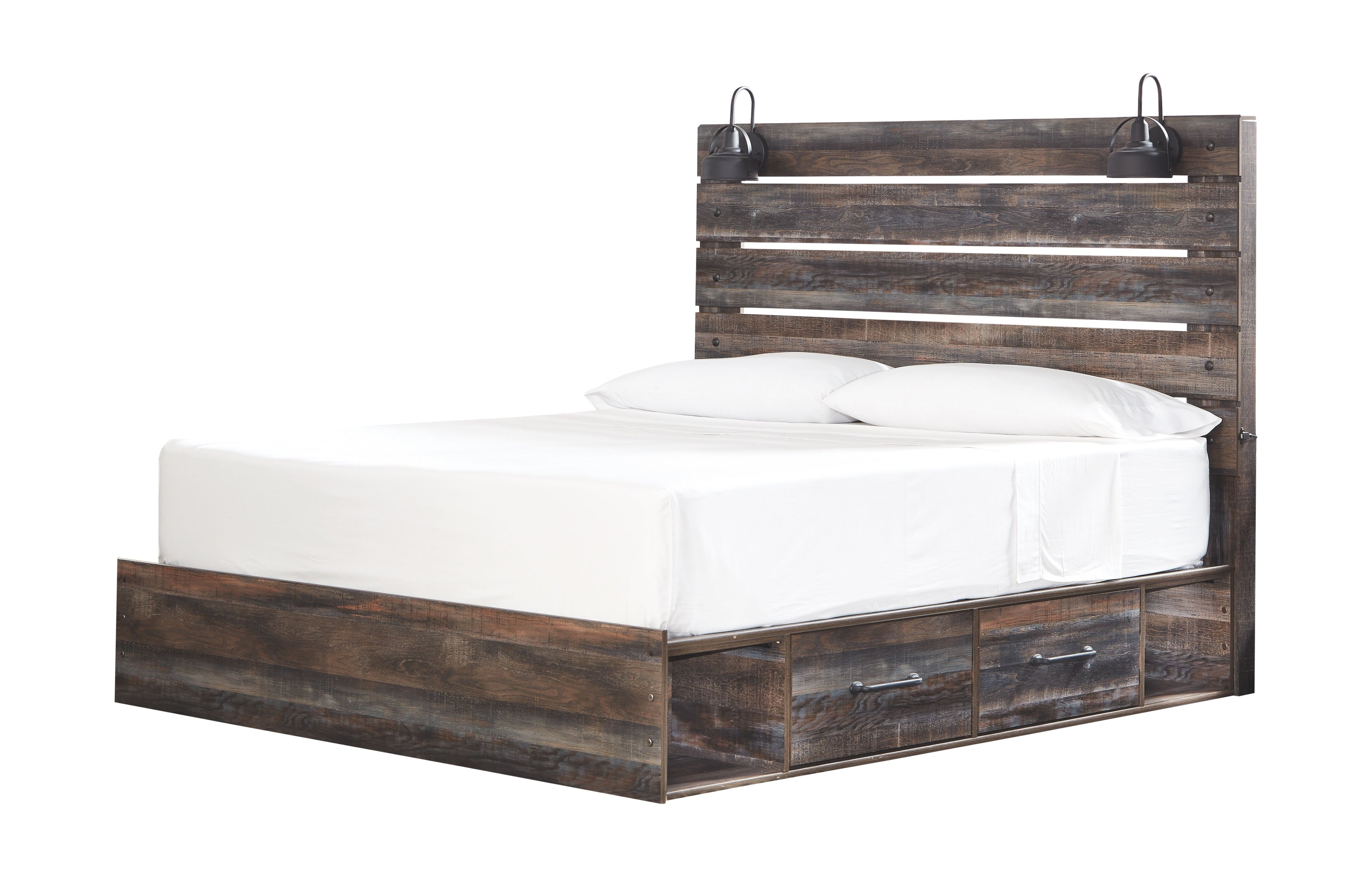 Dark wood panel bed frame with slatted headboard, drawer-front storage, and white bedding