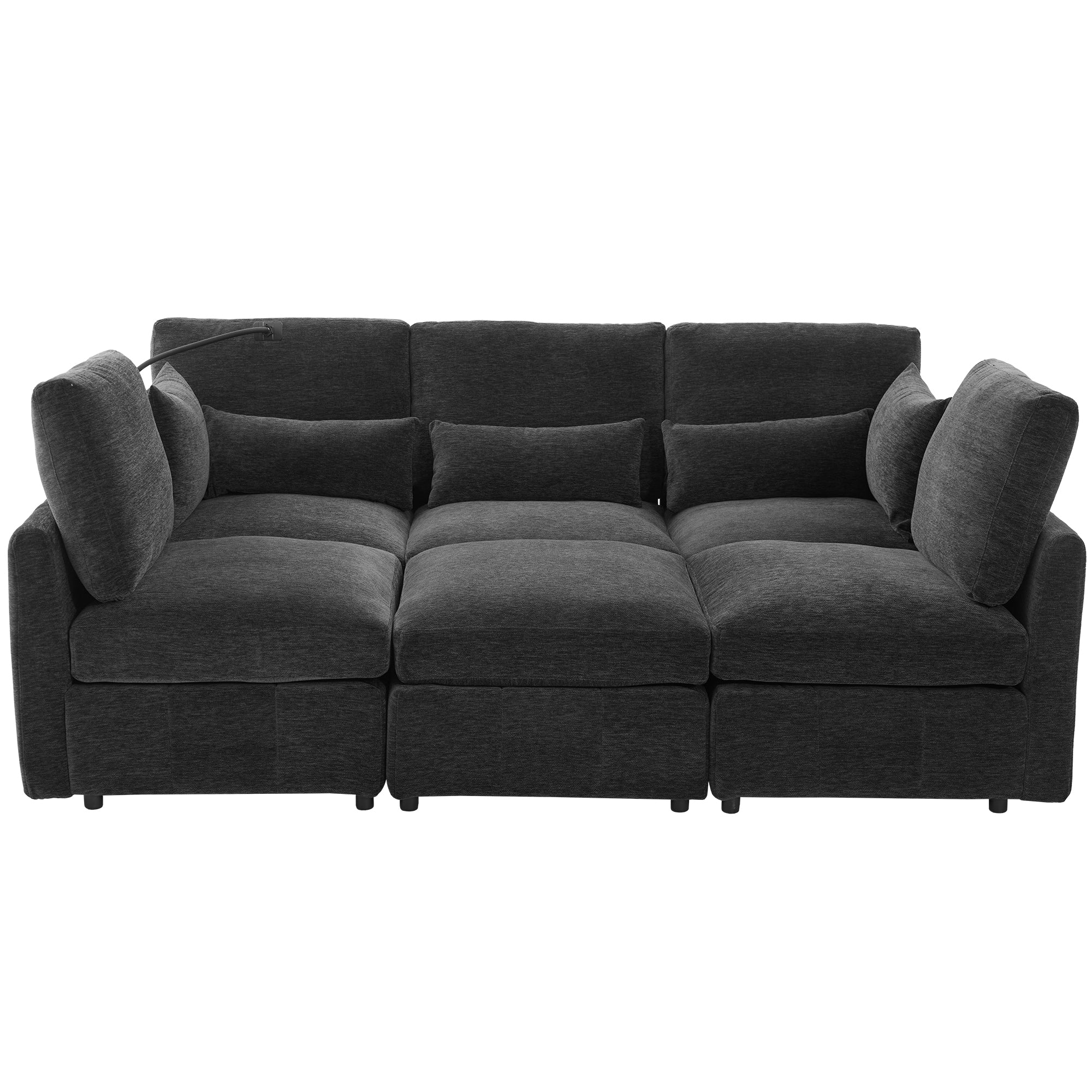 Modern Modular U-Shaped Sofa Bed w/ Ottoman, USB, Black Chenille