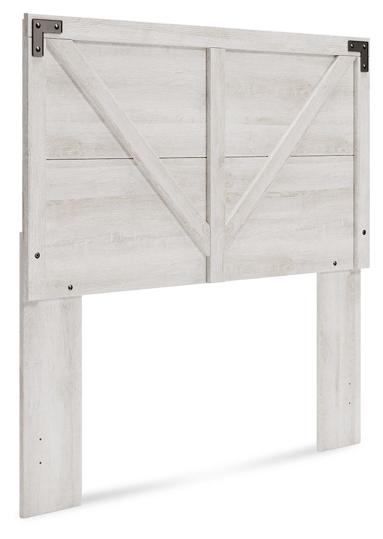 White crossbuck panel headboard with metal corner brackets