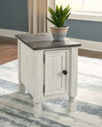 Havalance chair-side end table with gray top and white cabinet door, black knob