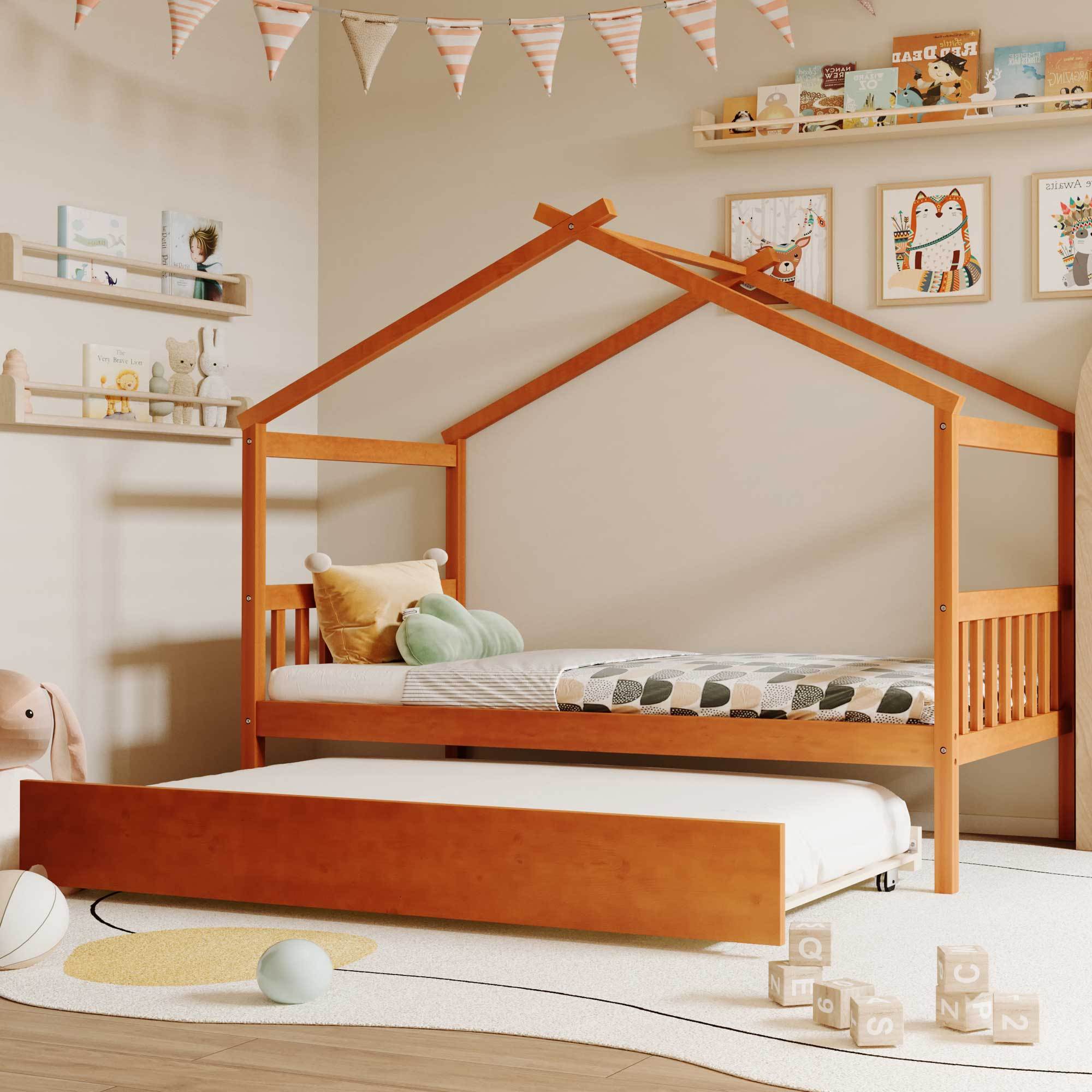 Twin Size Wooden House Bed with Trundle, Walnut - Children's Furniture
