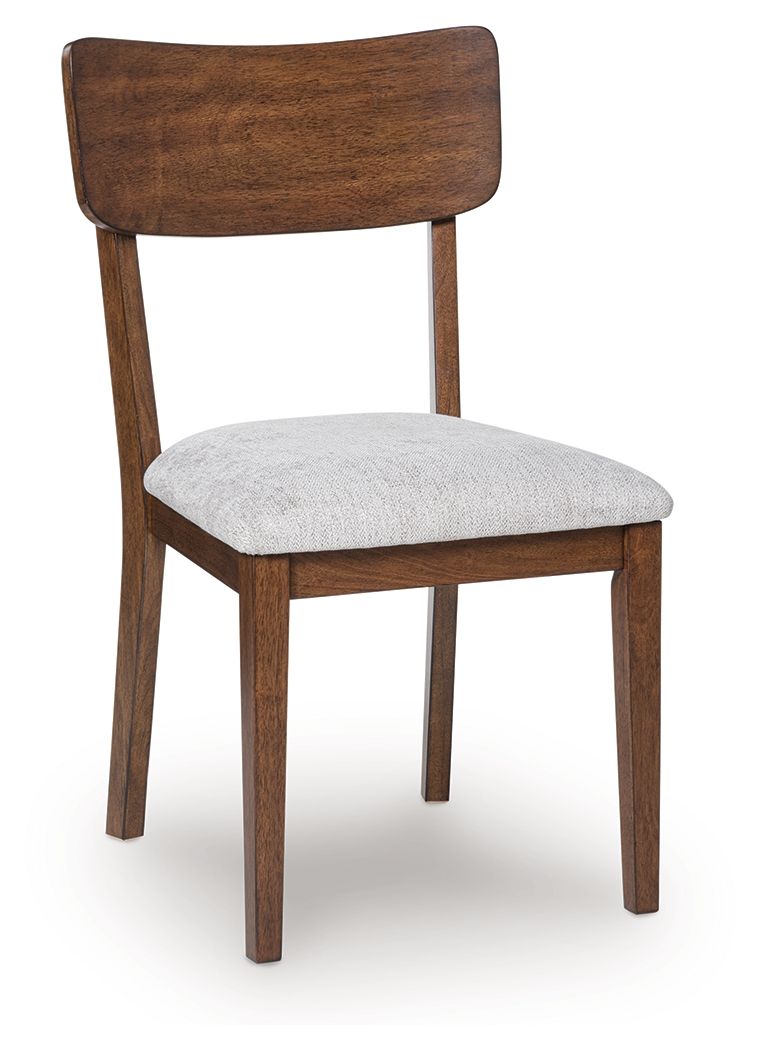 Brown dining chair with gray upholstered seat and back