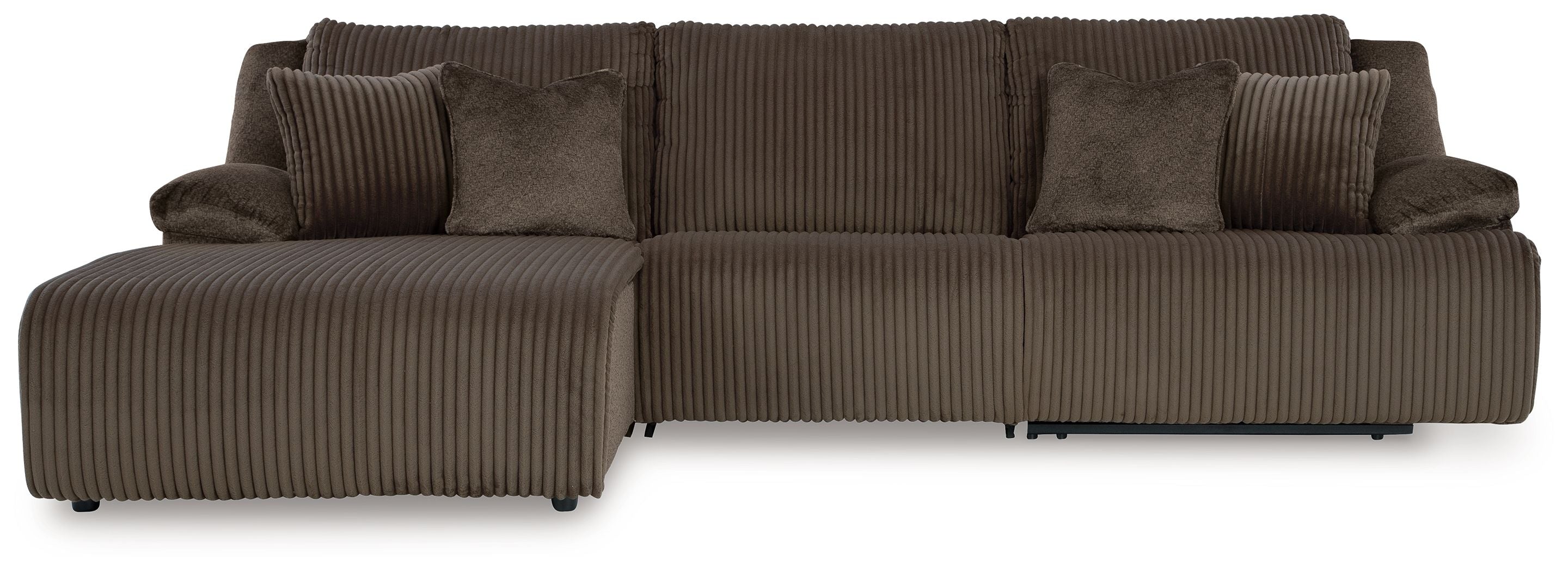 Chocolate ribbed reclining sectional sofa with chaise and cushioned back pillows