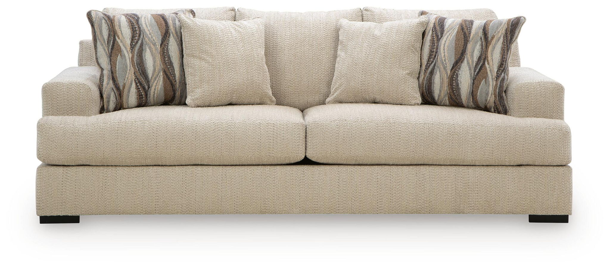 Beige upholstered sofa with two seat cushions and striped back pillows