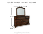 Dark brown dresser with arched mirror; 65.75 in W and 76.5 in H