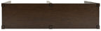 Dark brown sofa table side view with support brackets and corner caps