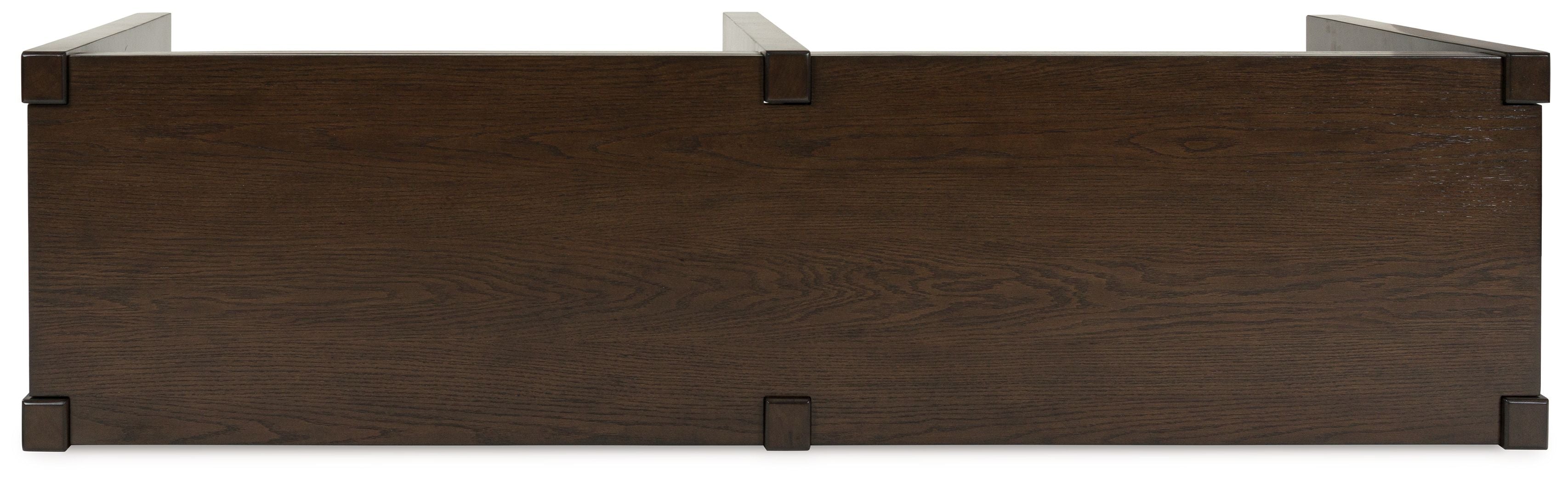 Dark brown sofa table side view with support brackets and corner caps