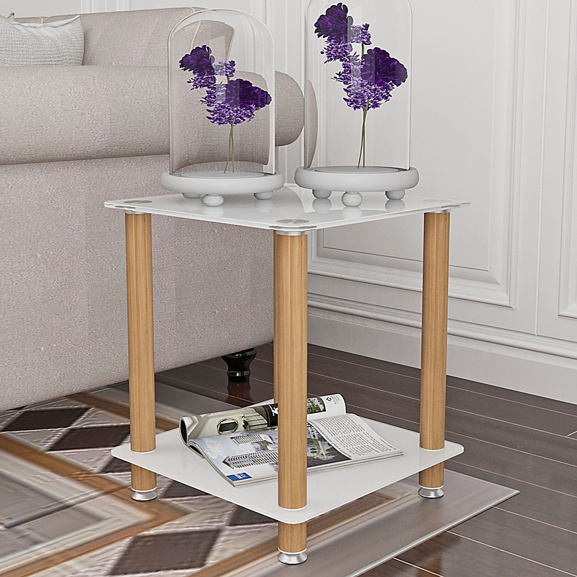 1 Piece White And Oak Side Table, 2-Tier Space End Table, Modern Night Stand, Sofa Table, Side Table With Storage Shelve