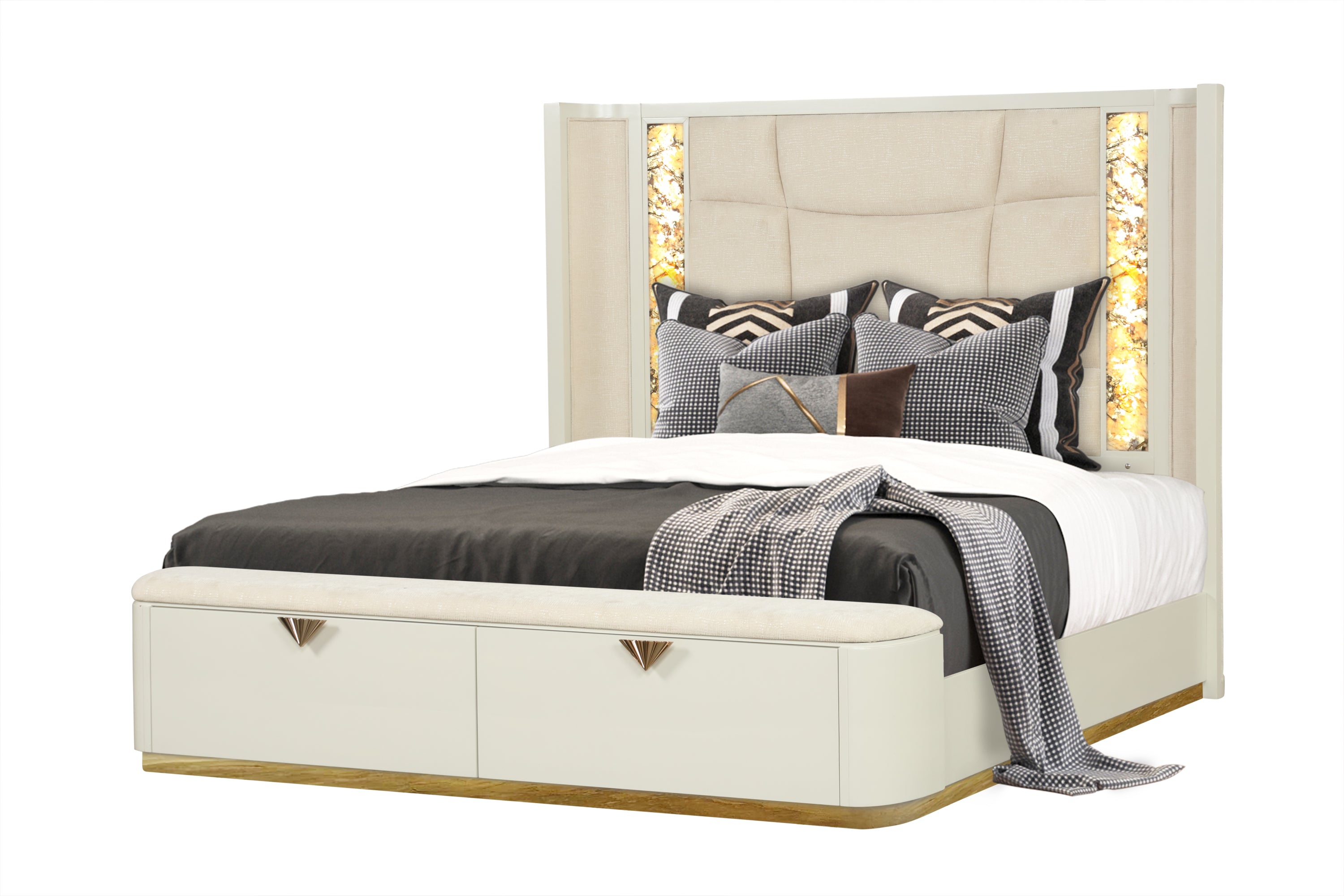 La Pierre King Upholstered Bed Beige Wood Gold Accents Drawers (NJ)