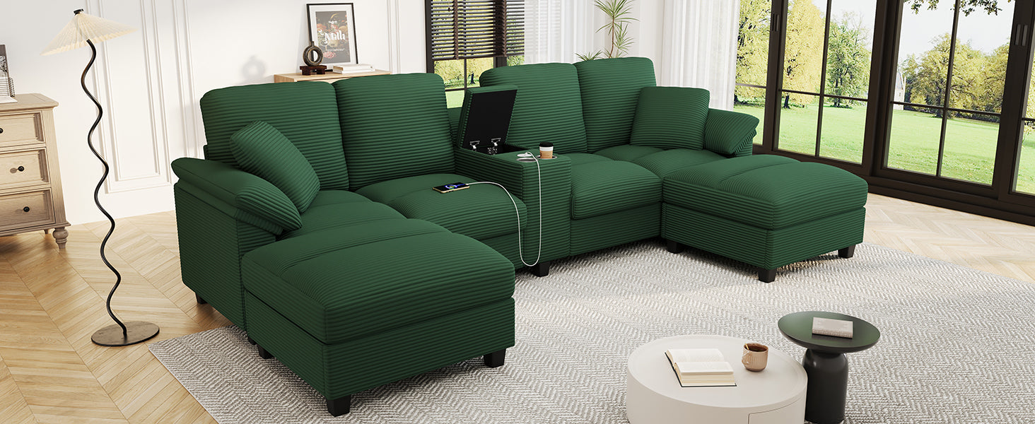 Green corduroy sectional sofa with chaise ottomans and corner module