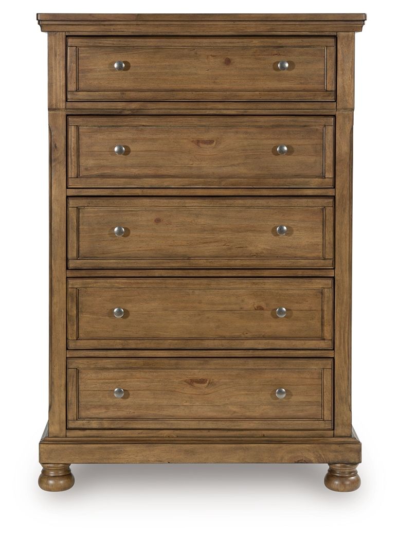 Medium brown wooden five-drawer chest with four drawers and metal knob pulls