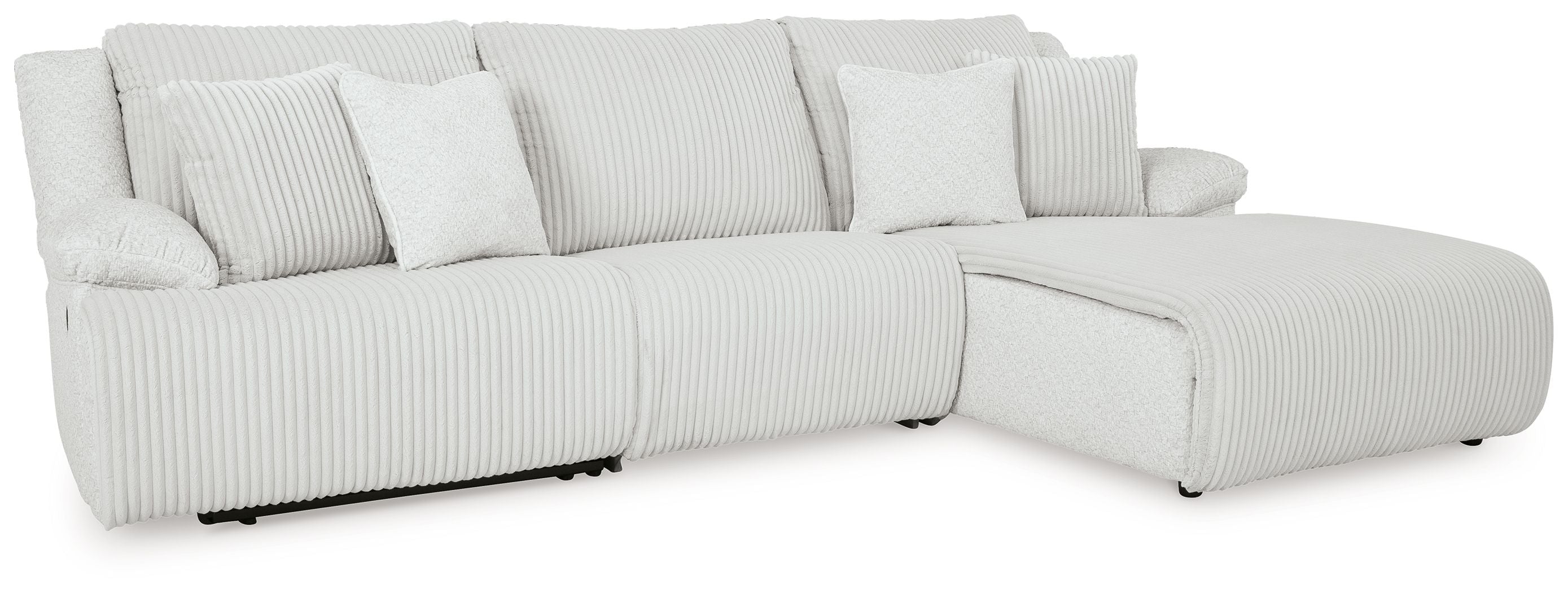Light gray ribbed reclining sectional sofa with chaise and back cushions