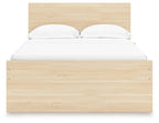 Light brown wood panel platform bed with two pillows on the headboard.