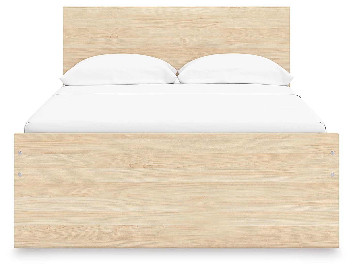 Light brown wood panel platform bed with two pillows on the headboard.