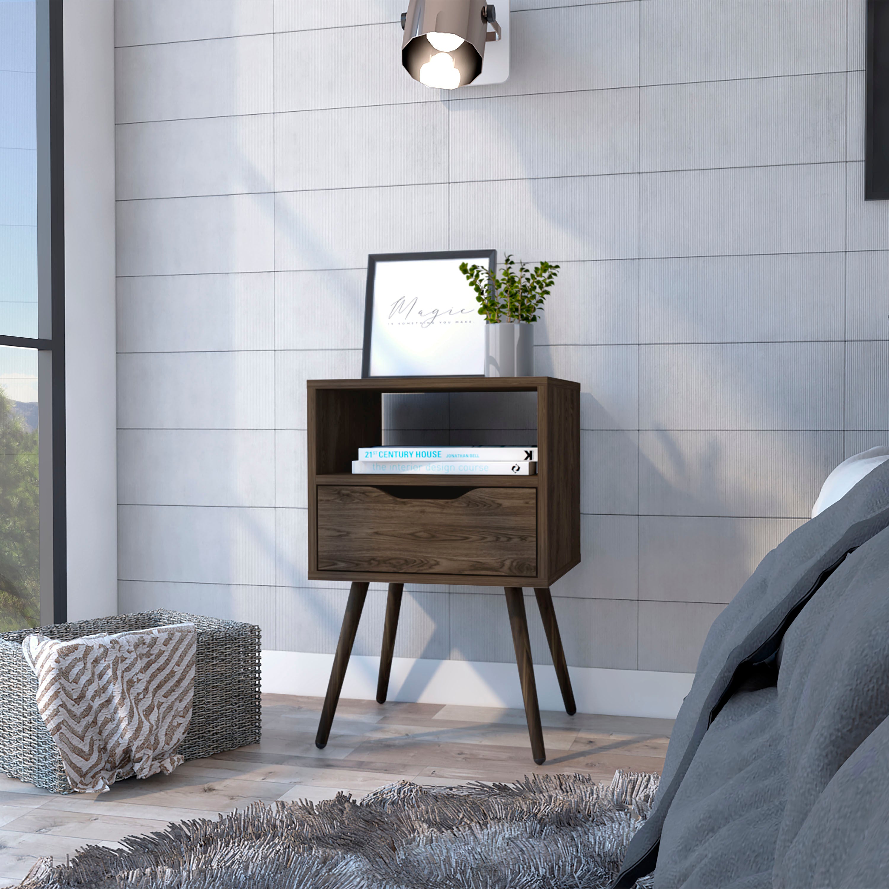Otom Dark Walnut Nightstand: Superior Top, Open Shelf, Drawer, 4 Legs