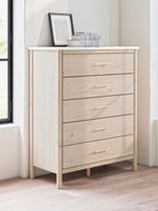 Wide chest with five drawers, light-beige wood, metal bar handles, and tapered legs