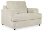 Stone-colored upholstered chair and a half with wide arms and plush seat cushions