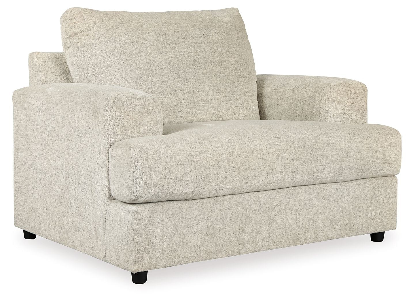 Stone-colored upholstered chair and a half with wide arms and plush seat cushions