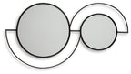 Black accent mirror with two connected circular glass panels in metal rings