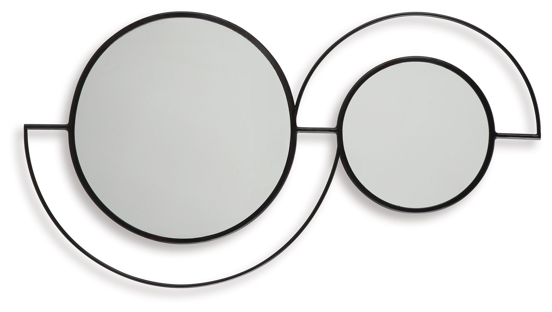 Black accent mirror with two connected circular glass panels in metal rings