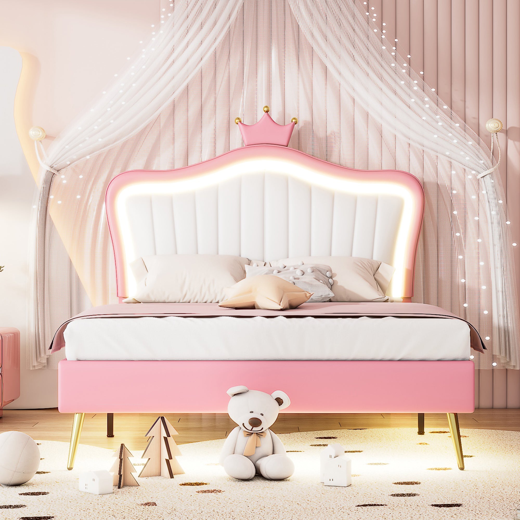 Luxury Upholstered Princess Bed with LED Lights