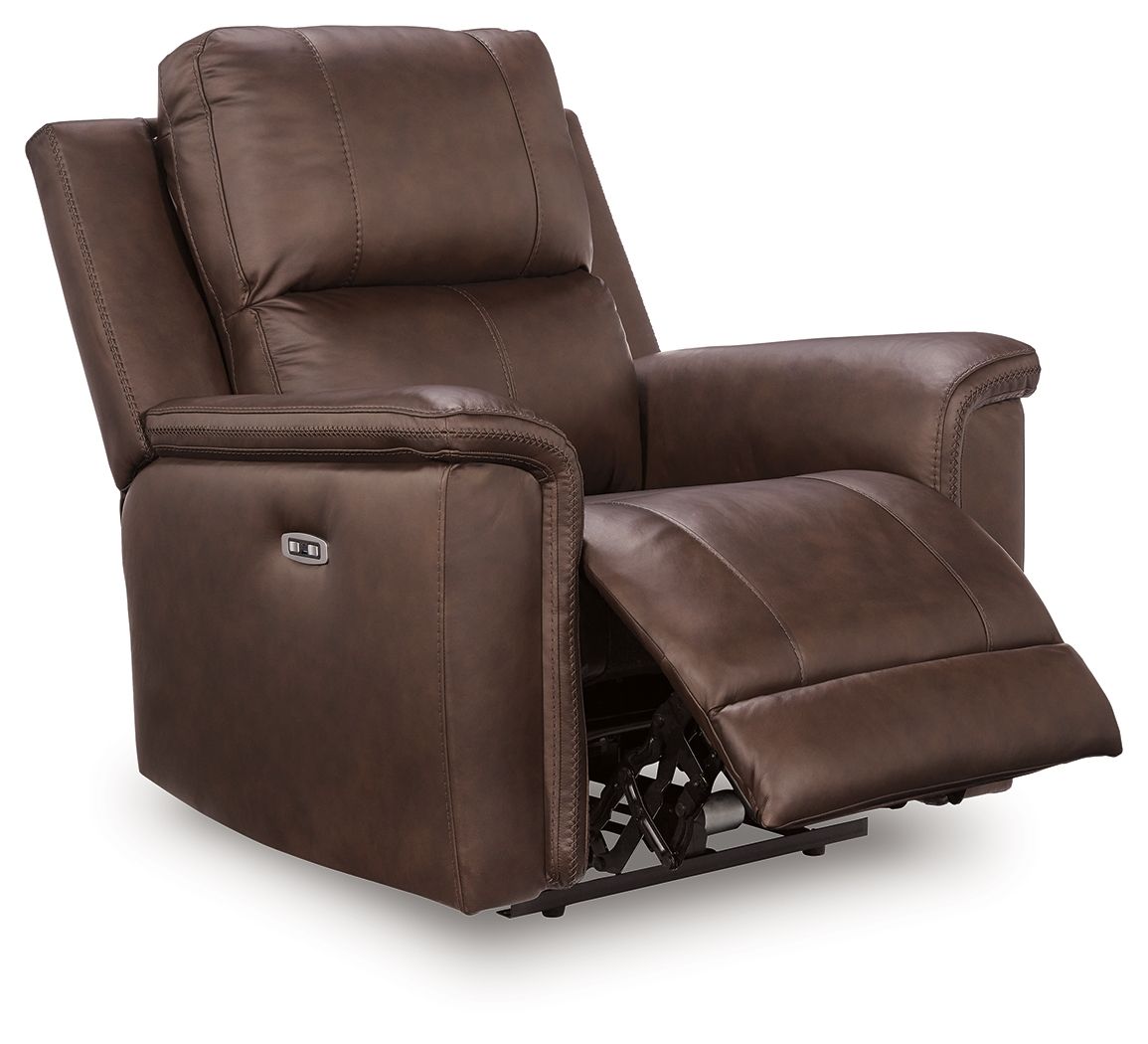 Espresso brown power recliner with adjustable headrest, footrest extended, side view