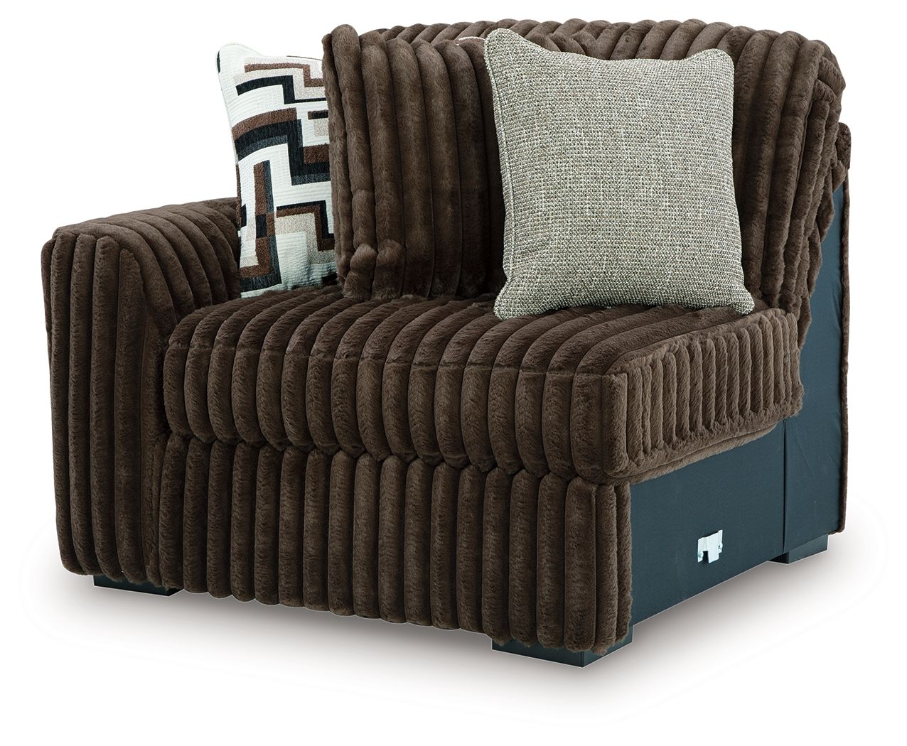 Chocolate-brown corduroy corner chair with textured armrest, tufted seat, and fabric pillows