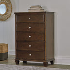 Brown five-drawer chest with round metal knobs and dark wood finish, on tapered legs
