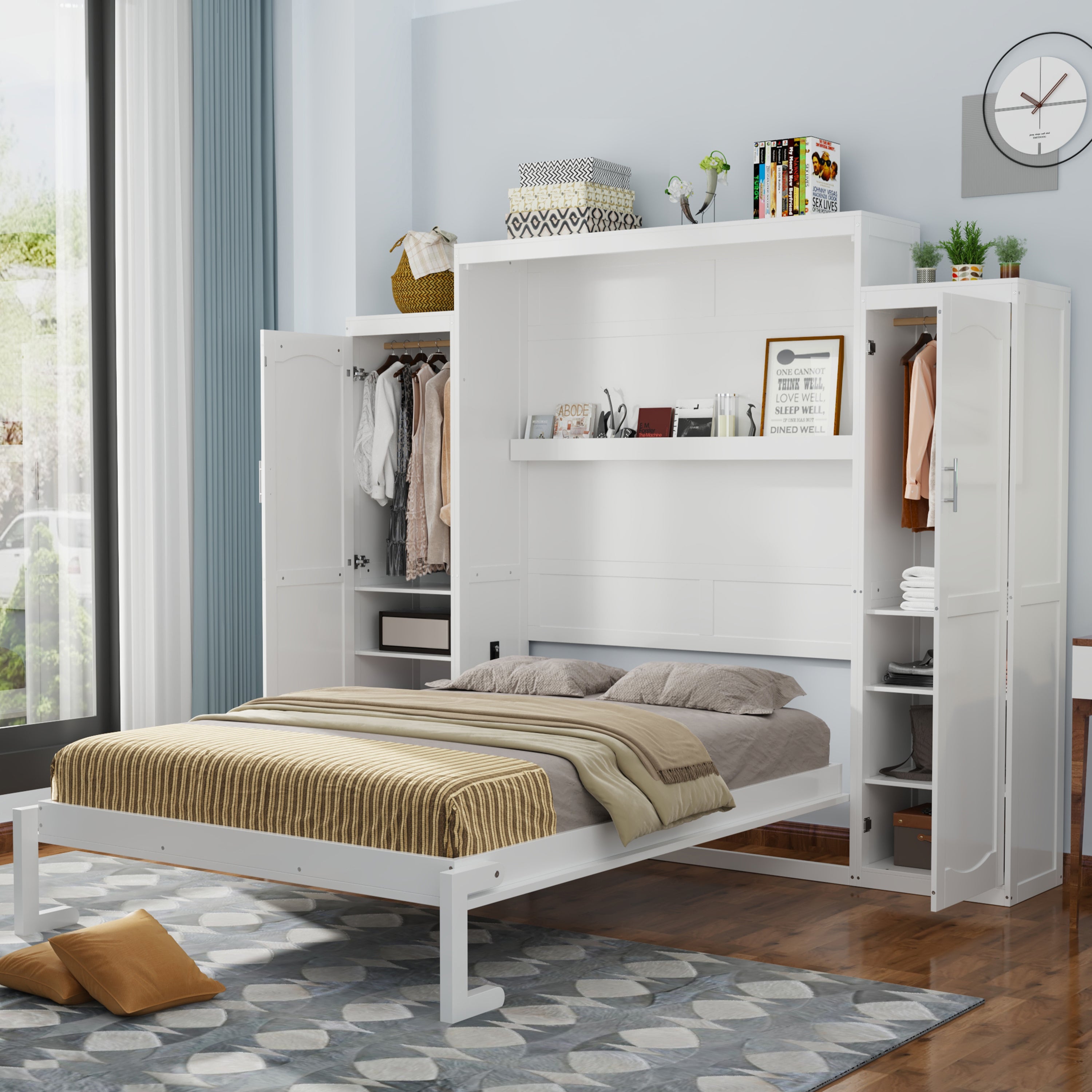 Full Size Murphy Bed with Wardrobe & Storage | Foldable Platform | White