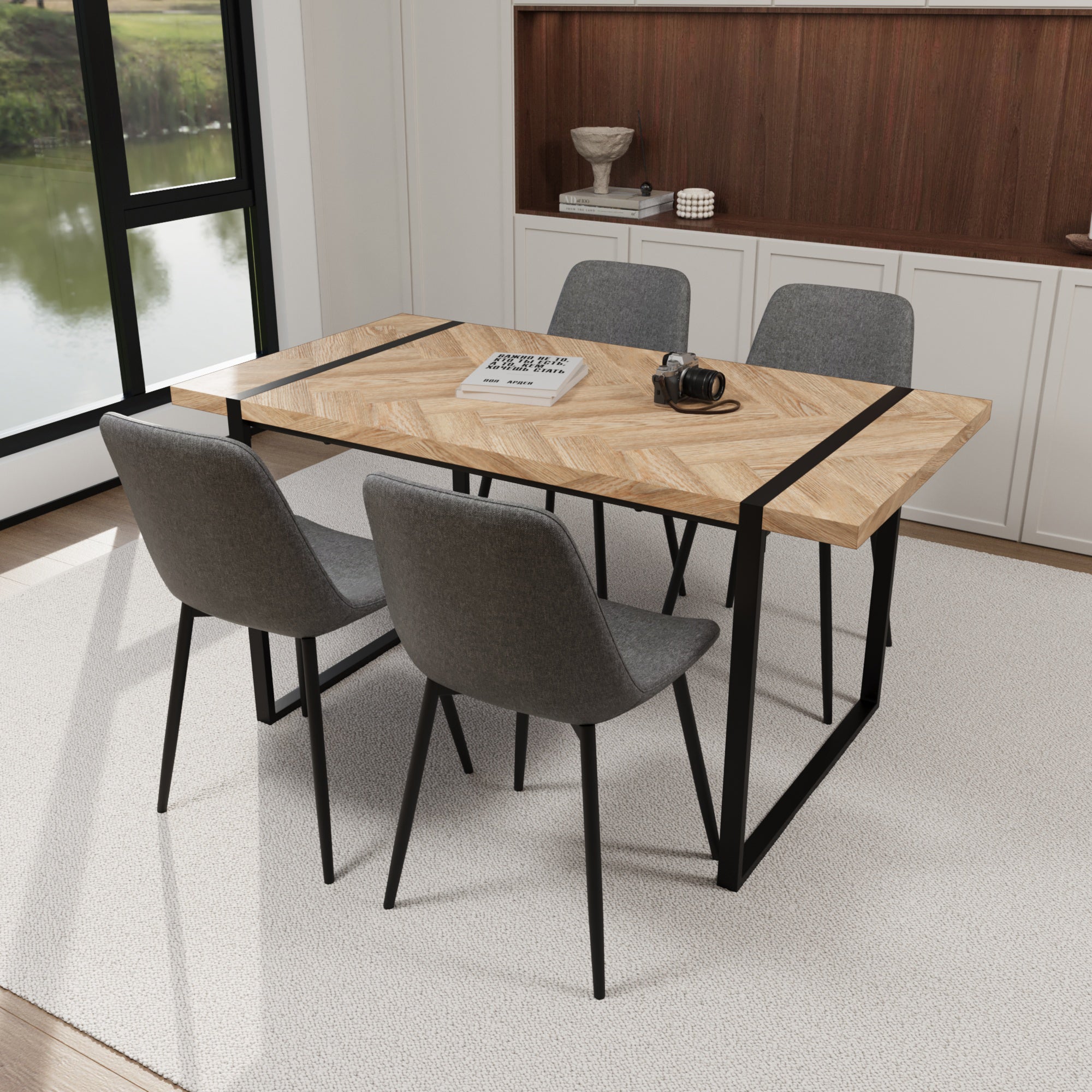59" Modern Dining Table & 4 Chairs Set - Light Wood