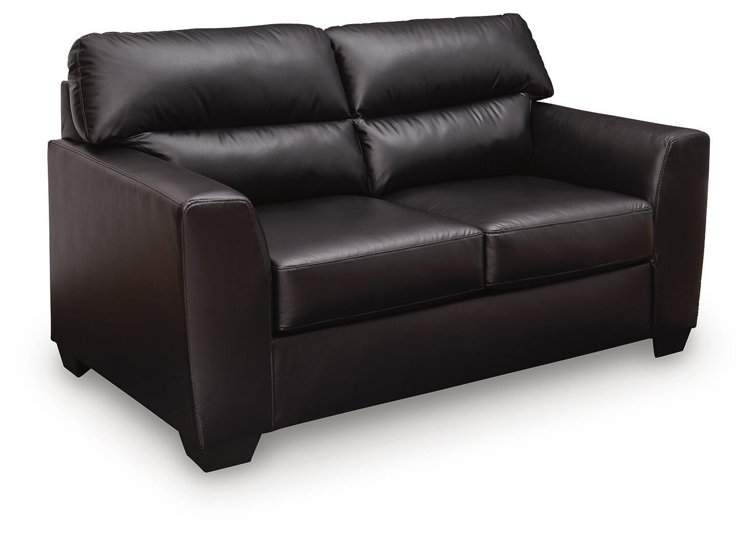 Dark leather-look loveseat with padded arms, tufted back, and two seat cushions