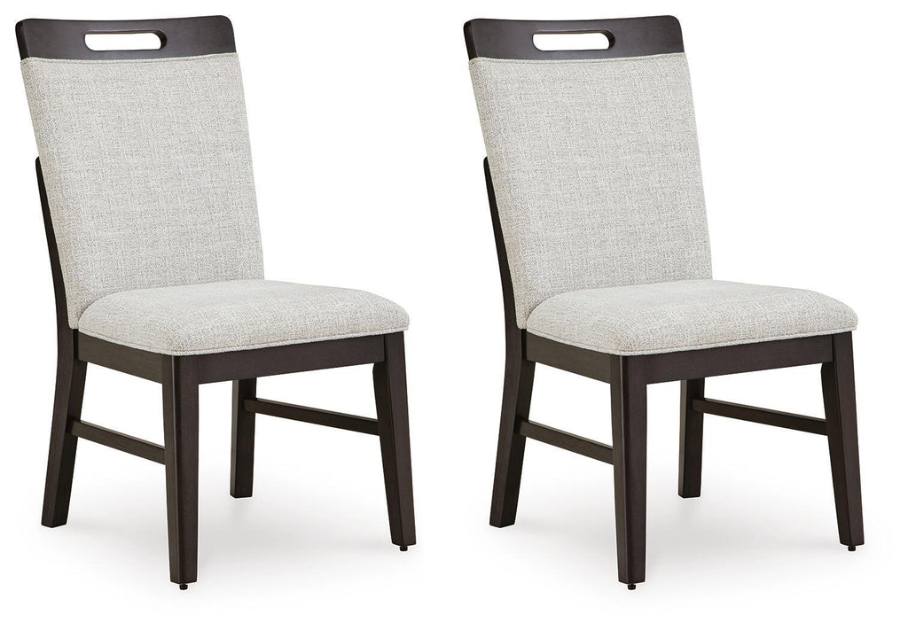 Set of 2 dining side chairs with light gray fabric and dark brown legs