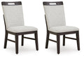 Set of 2 dining side chairs with light gray fabric and dark brown legs