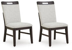 Set of 2 dining side chairs with light gray fabric and dark brown legs