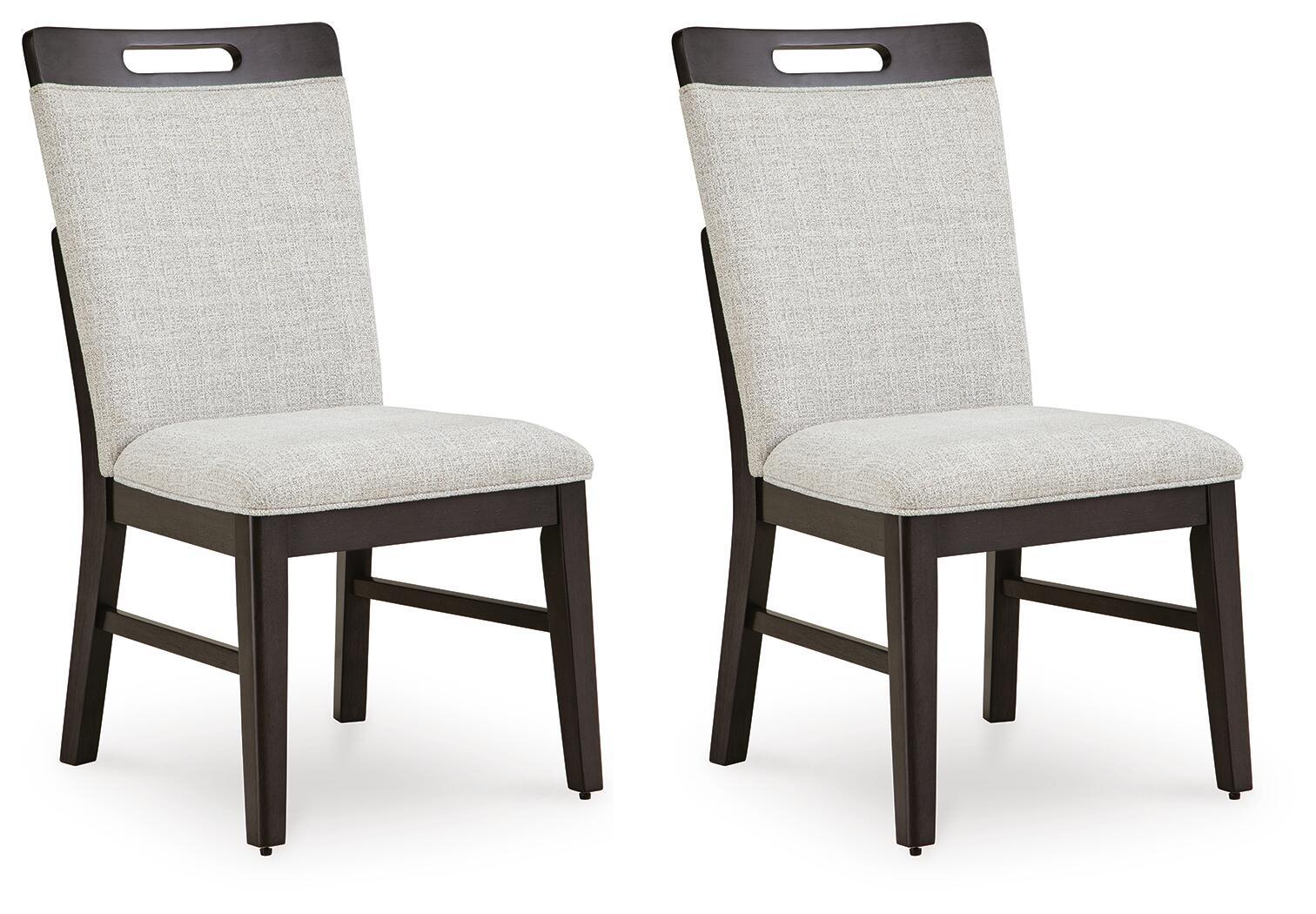 Set of 2 dining side chairs with light gray fabric and dark brown legs