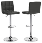 Two black adjustable barstools with padded backs and seats, chrome bases and footrests