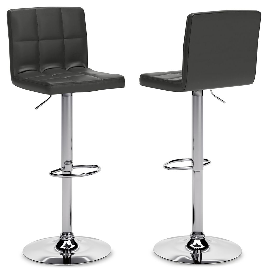 Two black adjustable barstools with padded backs and seats, chrome bases and footrests