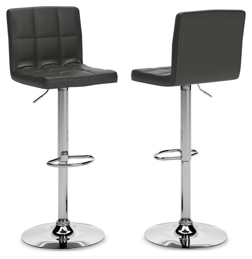 Two black adjustable barstools with padded backs and seats, chrome bases and footrests
