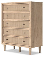 Five-drawer wide chest with woven drawer faces, dark handles, light wood sides