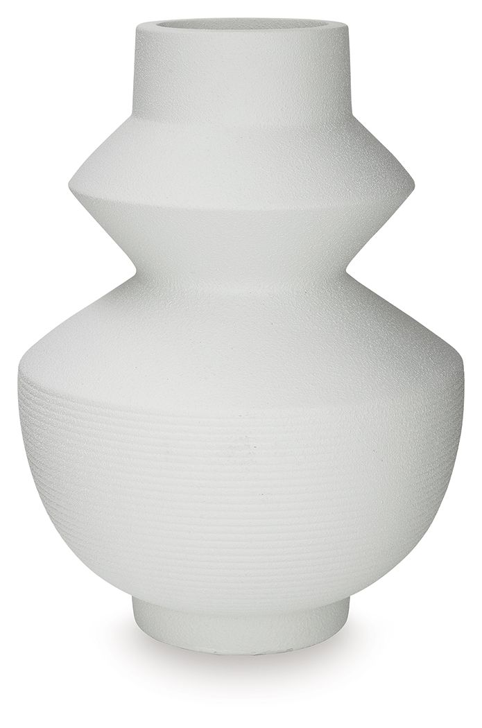White ceramic vase with flared neck and bulbous base, ribbed texture finish