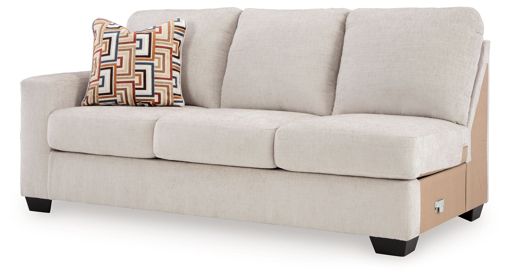 Stone fabric sofa with wide seat, square arms, and patterned accent pillow