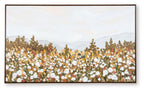Framed wall art with multicolor leaf-and-flower dots across a gold and white scene