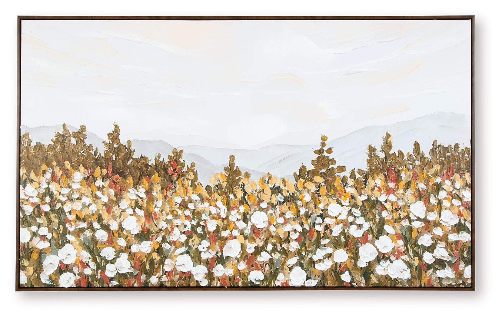 Framed wall art with multicolor leaf-and-flower dots across a gold and white scene